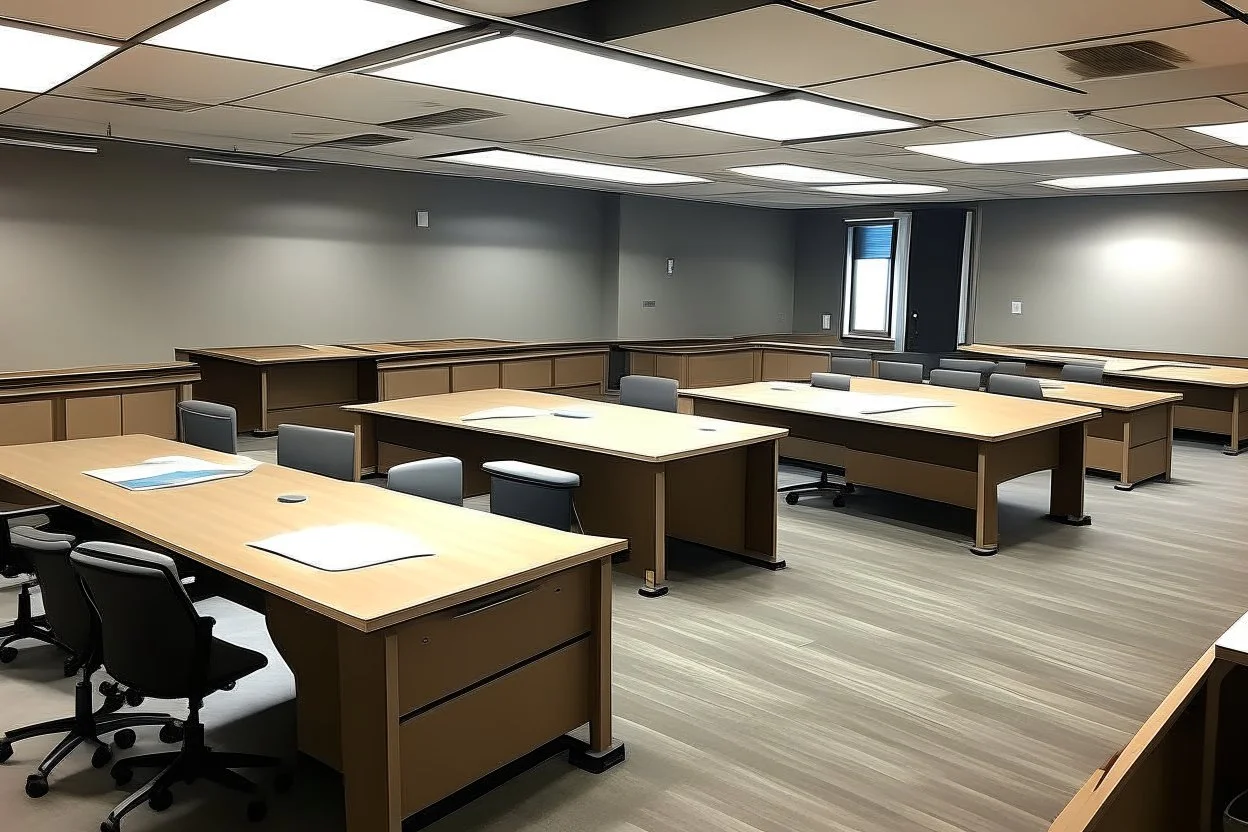 Desks for 10 employees. The walls and furniture will be brown, and the desks