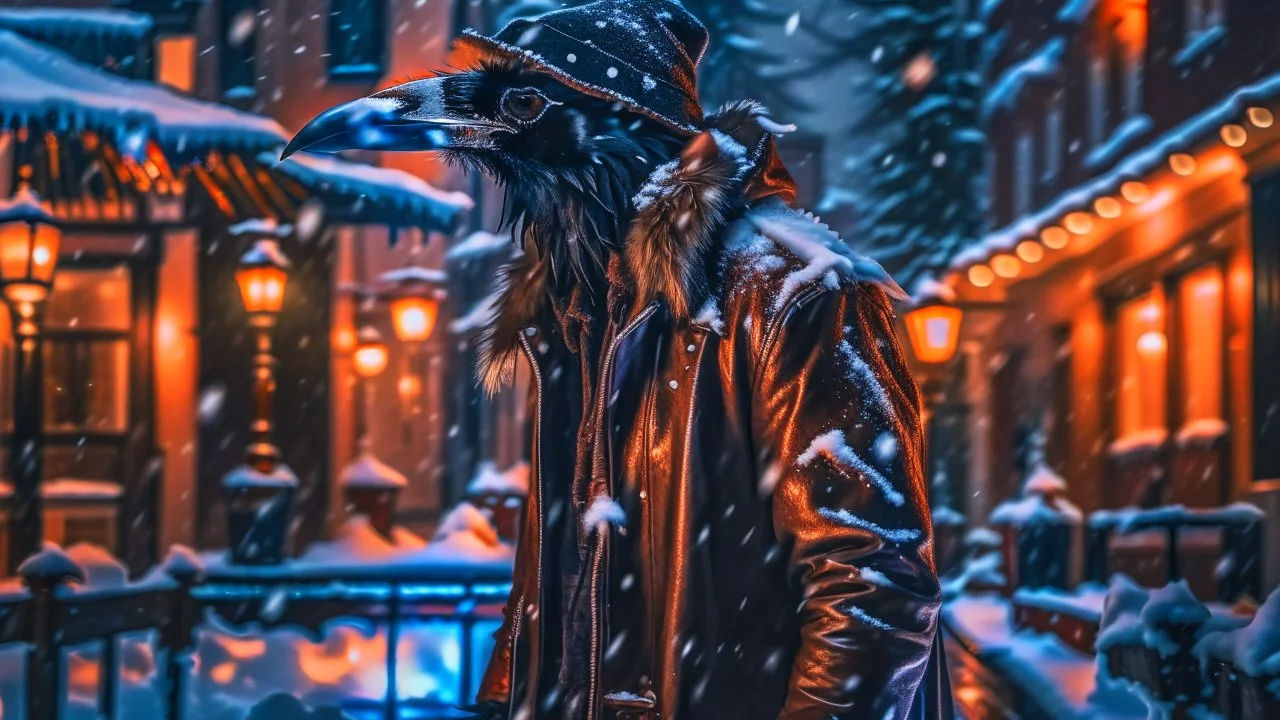 Capture a compelling image of a crow adorned in a punk leather jacket within a snowy Christmas atmosphere in the nostalgic style of Andrei Tarkovsky. Embrace a photography style that accentuates the unique fusion of the edgy leather jacket and the holiday charm. Ensure the composition highlights the crow's distinct presence against the backdrop of a winter Christmas ambiance, creating a visually captivating scene.