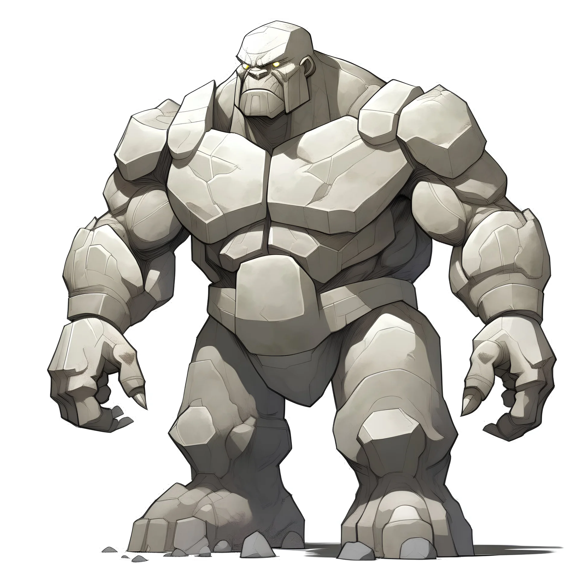 Gigantic stone golem on white background facing toward camera