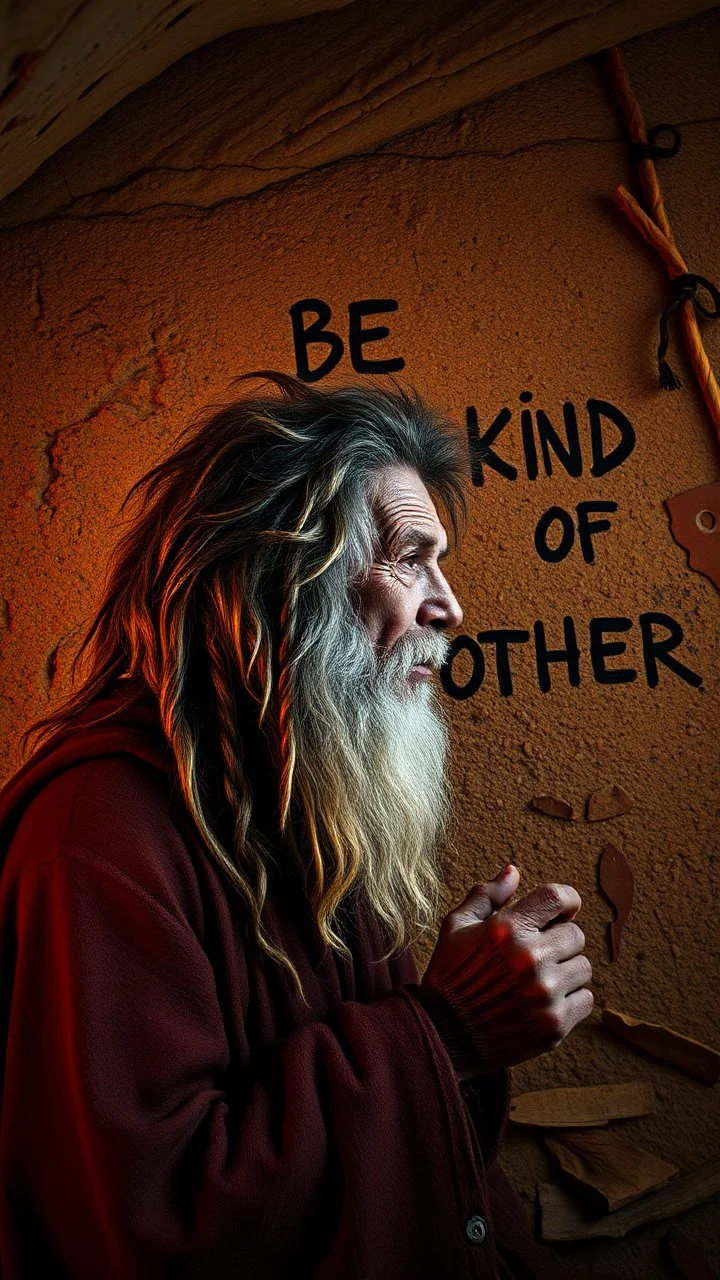 A hand writing On cave wall written “ BE KIND TO EACH OTHER “ an old man with bear and king hair died by the cave wall , a dim lighting great quality picture with primitive style