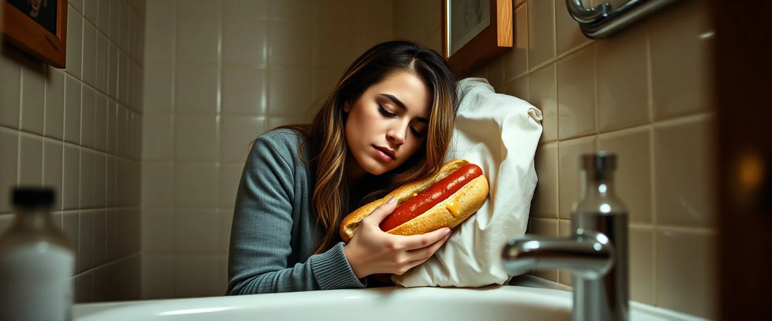 drunk woman with a hot dog in bread sleeping over in bathroom