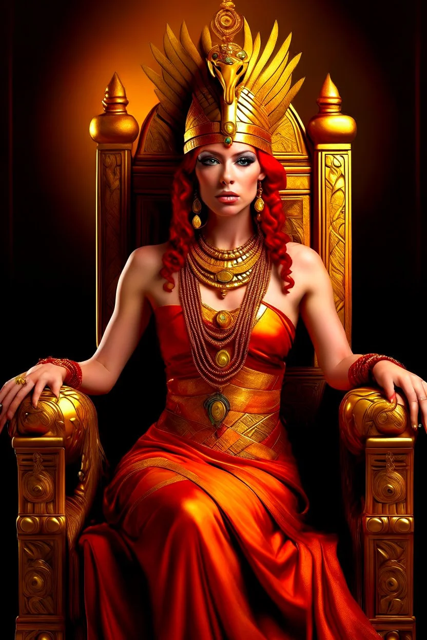 A mature Egyptian goddess with red hair and amber eyes, wearing a red silk gown and a necklace of scarabs. She is sitting on a throne made of gold, carved with the head of a wise and ancient dragon