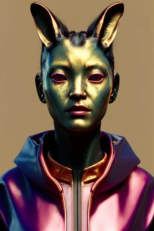 Medium Close Up Portrait, Front image. cyberpunk, rabbit mask, Asian woman, pink hair. latex tracksuit. Red, black, gold, color. Retro futuristic style. Color background, photo studio. Avatar image, highly detailed, concept art, smooth, unreal engine 5, god rays, ray tracing, RTX, lumen lighting, ultra detail, volumetric lighting, 3d, finely drawn, high definition, high resolution.