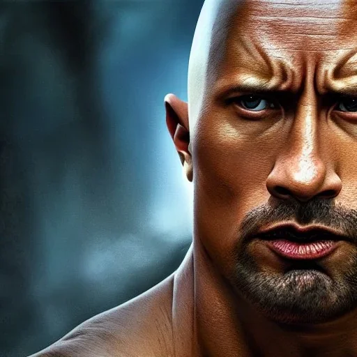 Fantasy, Dwayne Johnson as shaolin monk, heroic, award winning, insanely detailed, sunlit, realistic, fighting,acrylic paint, 8k resolution, hdr