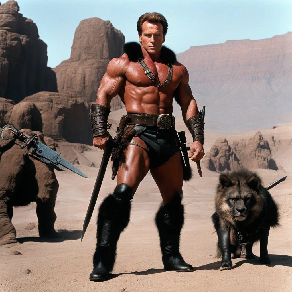 [high res photo of a movie by Ray Harryhausen] confident tattooed Arnold Schwarzenegger in a revealing leather outfit and fur boots As A Wasteland Warrior, he has incredible weapons, dusty and rusty