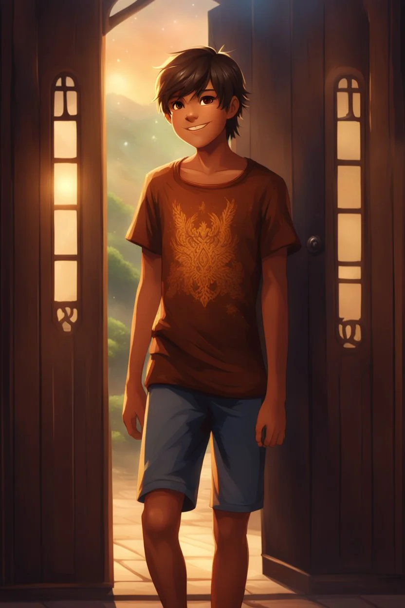 15 year old young boy with lightly tanned skin and brown hair wearing a teeshirt, standing by a door, smiling, 4k, Fantasy