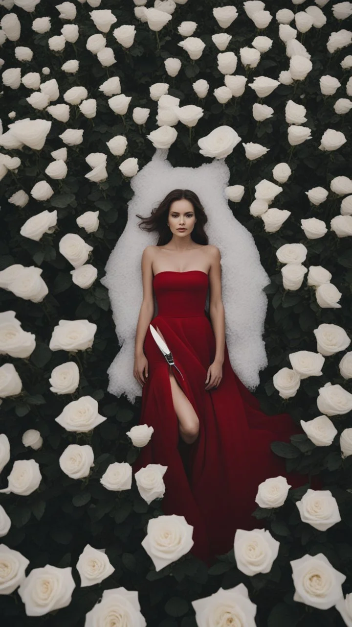 White wings, scissors, red dress in the middle of a field of white roses. Cinematic photo from above