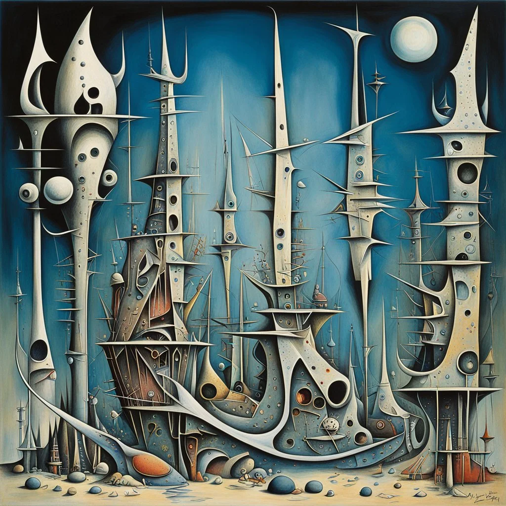 Abattoir Blues, entwined in this culture of death, makes pleasing geometry, neo surrealism, by Yves Tanguy, by Wilfredo Lam, palpable textures, high contrast, Tanguy's distinctive surrealist style and detailed curvy line work, rich sharp colors, heavy atmosphere, by Nick Cave and the Bad Seeds.