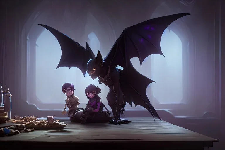 A cute bat and his bat mother at home, high-quality, fine-detail, intricate, digital art, detailed matte, volumetric lighting, dynamic lighting, 3D octane render, Marc Adamus, Ann Prochilo, Romain Veillon,