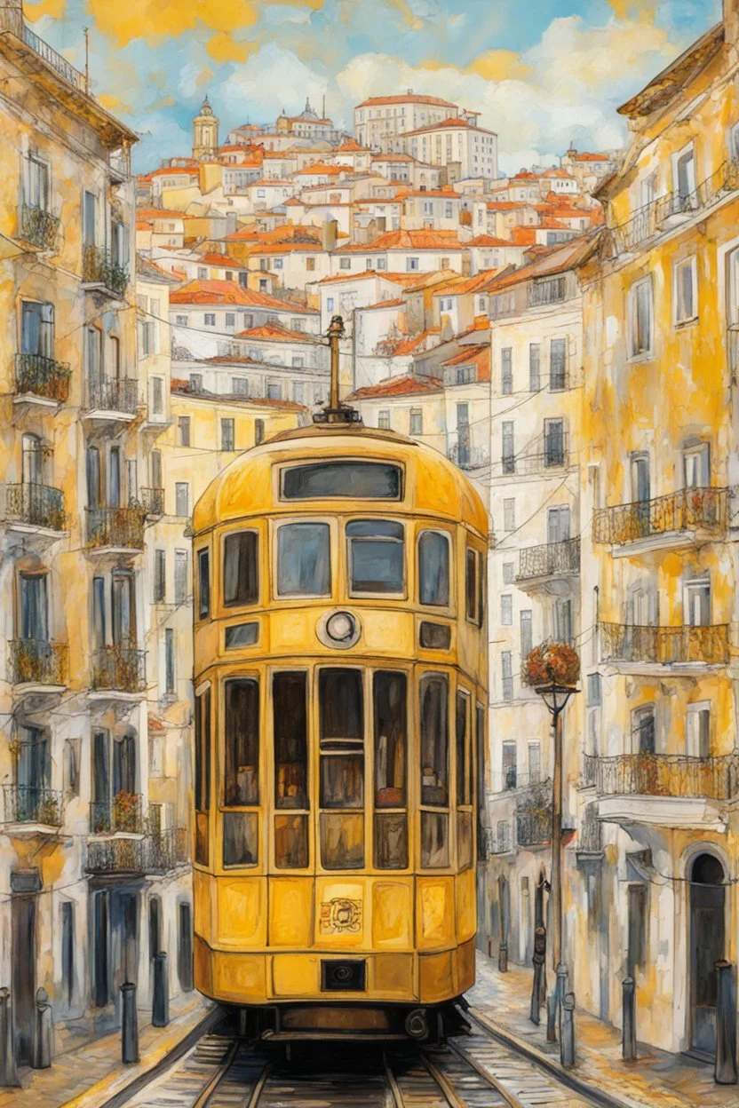 lisbon city view with famous yellow tram in gustav klimt style