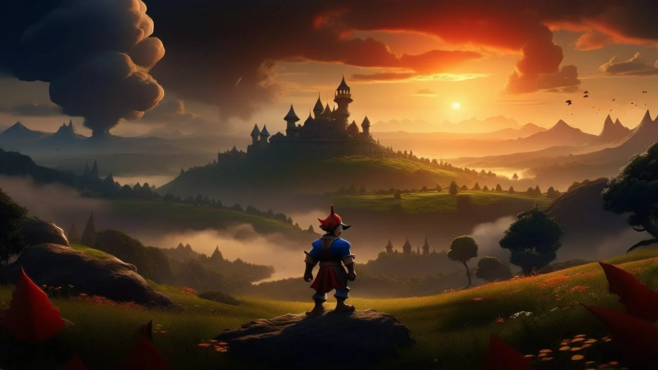 High quality wide shot of Mario on a hill overlooking a field, fantasy, epic, battle, army, fire, ruins, dragon, demons, buff, backshot, fog, sunset