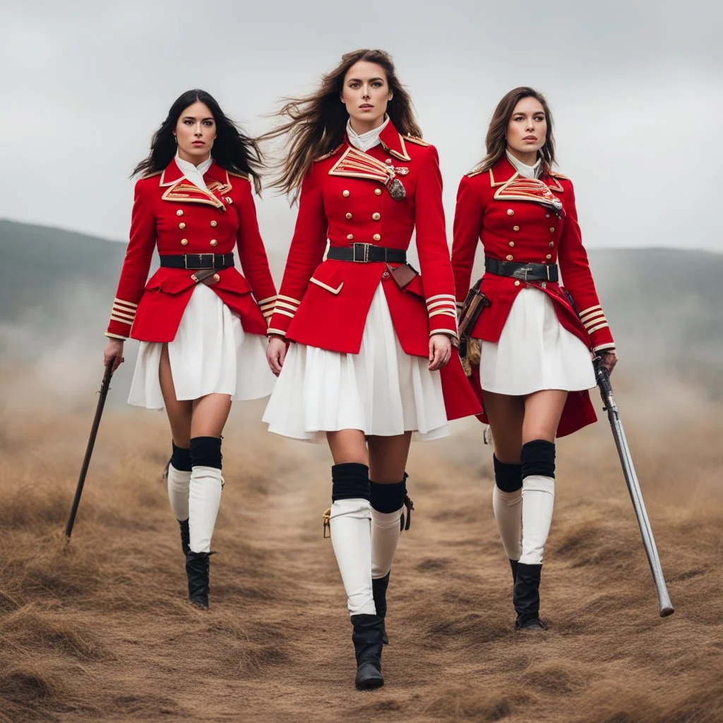 Multiple Female redcoats wearing thigh high boots and short white skirts on the battlefield