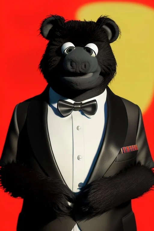 Waist up muppet Portrait, Kim Jong-un as muppet doll, black suit, photo studio, red background, unreal engine 5, concept art, art station, god lights, ray tracing, RTX, lumen lighting, ultra detail, volumetric lighting, 3d.