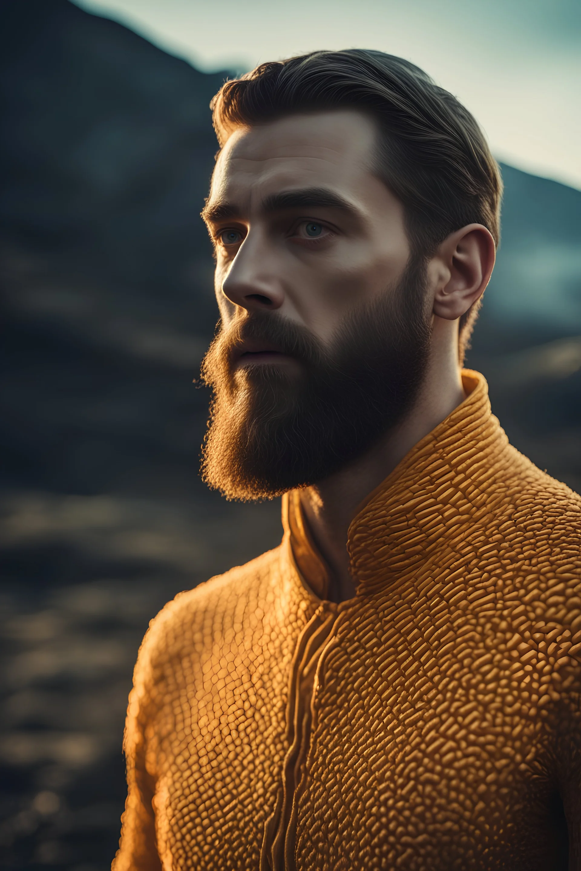 ultra realistic cinematic scene of fictional-Oscar winning historical drama young handsome beard Actor wears DAN FLAVIN 3D-printed tight-fitting costume, film grain, cinematic color grading, detailed face, dramatic lighting, icelandic landscape, directed by Stanley Kubrick