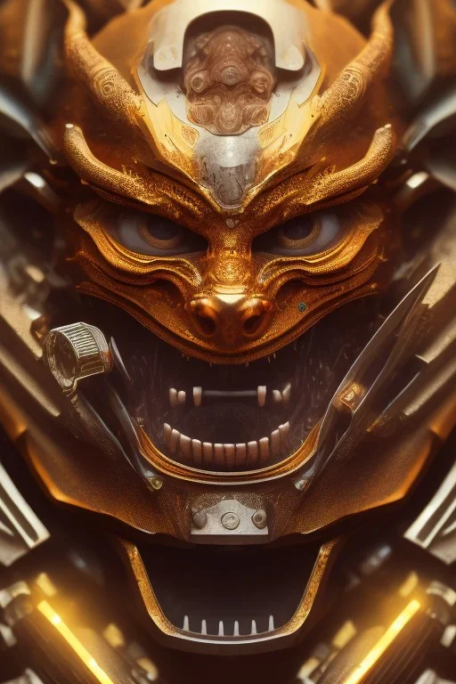 Furious rage, samurai mask, close-up, macro lens, centered camera, intricate details, small minutiae, tiny features, particulars, colorful, 8k, least ambient occlusion, volumetric lighting,