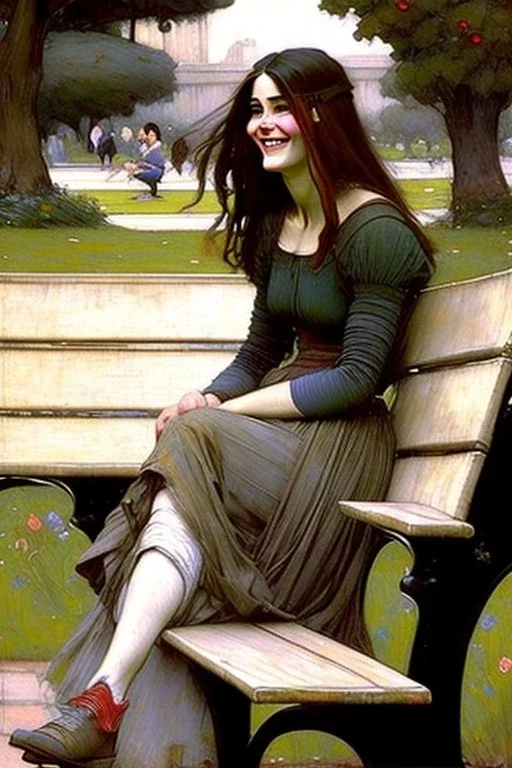 Woman laughing sitting on a park bench. John William Waterhouse