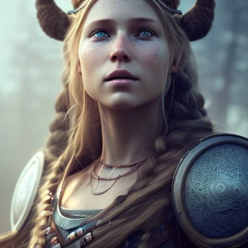 long haired viking woman, 4k, portrait of a beautiful woman, facial war paint detail, ambient detail, depth of field, crystalized complimentary colors, warrior, atmospheric, realistic, unreal engine, lighting, octane render, proportional,