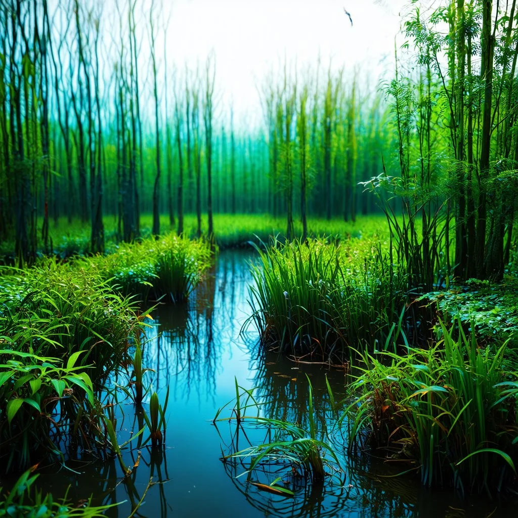 Odd swamp landscape with odd beings, surreal abstract Max Ernst style, Tim Burton, Harry Potter, 120mm photography, sharp focus, 8k, deep 3d field, very detailed, volumetric light, very colorful, ornate, F/2.8, insanely detailed and intricate, hypermaximalist