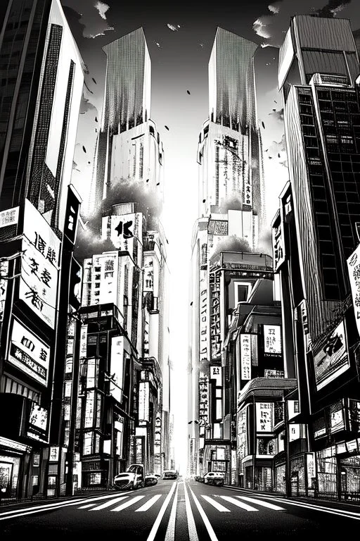 multiple explosions, buildings of Tokyo greyscale