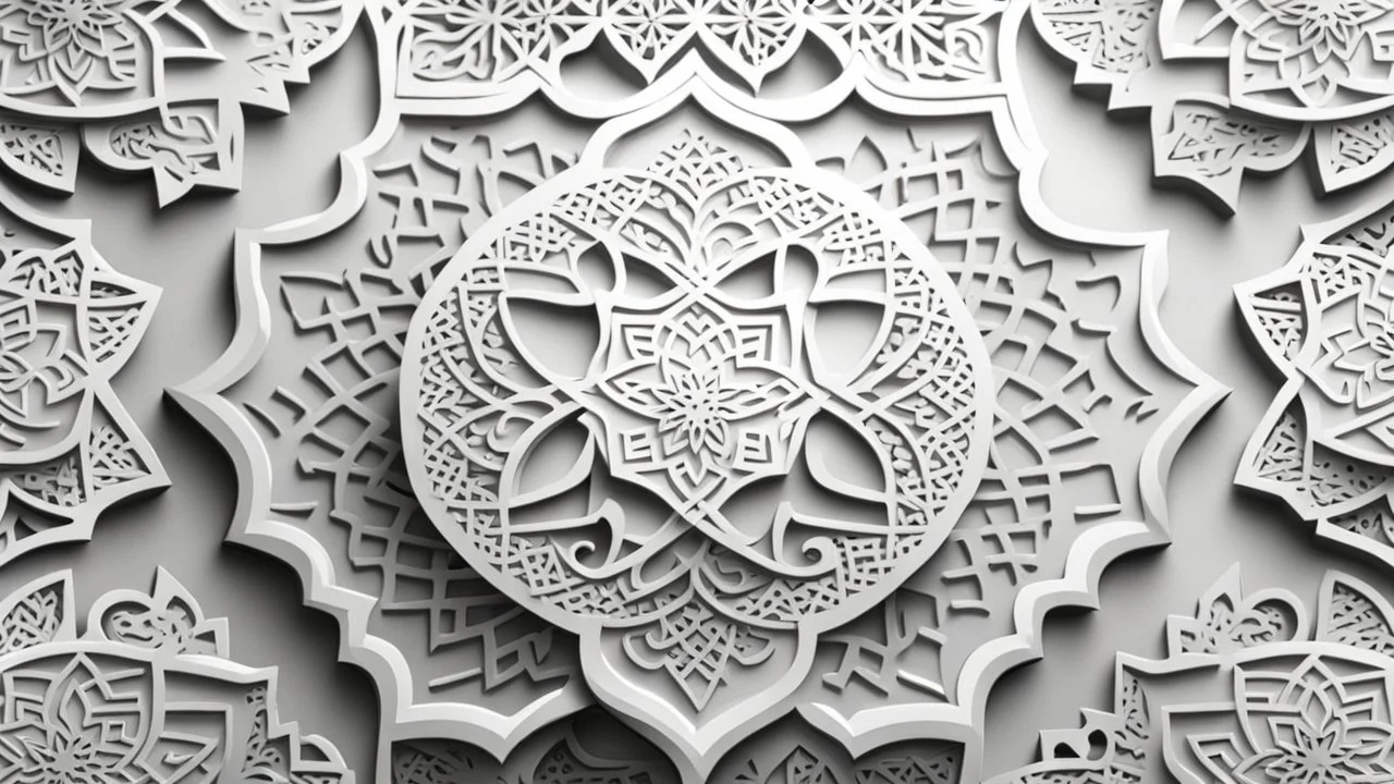 Hyper Realistic Beautiful Light-Grey Islamic Pattern Design On White Background.