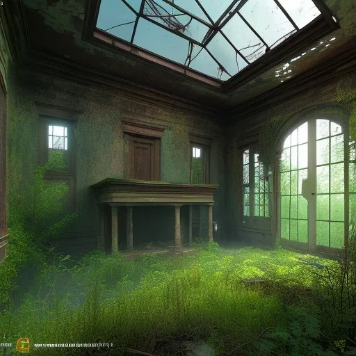 Abandoned house, overgrown, partially submerged,Interior