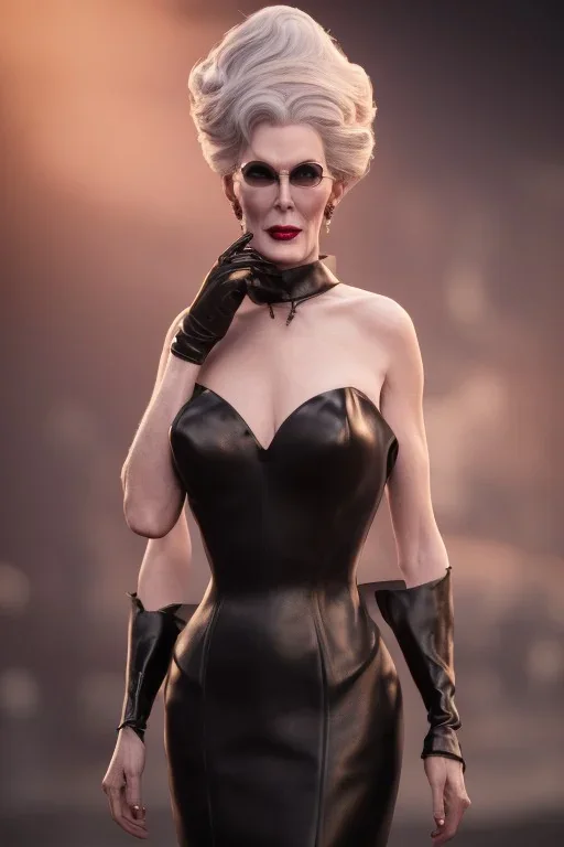 Carmen Dell`orifice as evil queen in black leather gown, angry, busty, curvey, cleavage, unreal 5, octane render,cinema4d, dynamic lighting, dramatic lighting, 4k, redshift render, highly detailed, hyper realistic