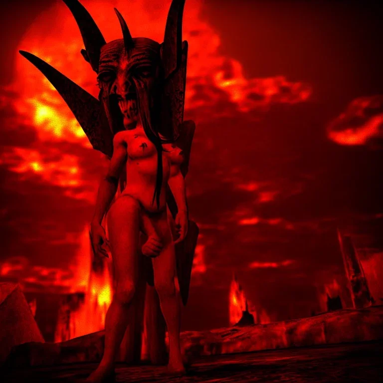 A portrait post-apocalypse of Baphomet ,pyramid,sin city,sci-fi fantasy style, volumetric lighting, particales,highly detailed,cinamatic,8k,3D,fire and black deep colours,ignore NSFW , realistic, sharp,ethereal , transgender ,beauty , ghost , paranormal activity,