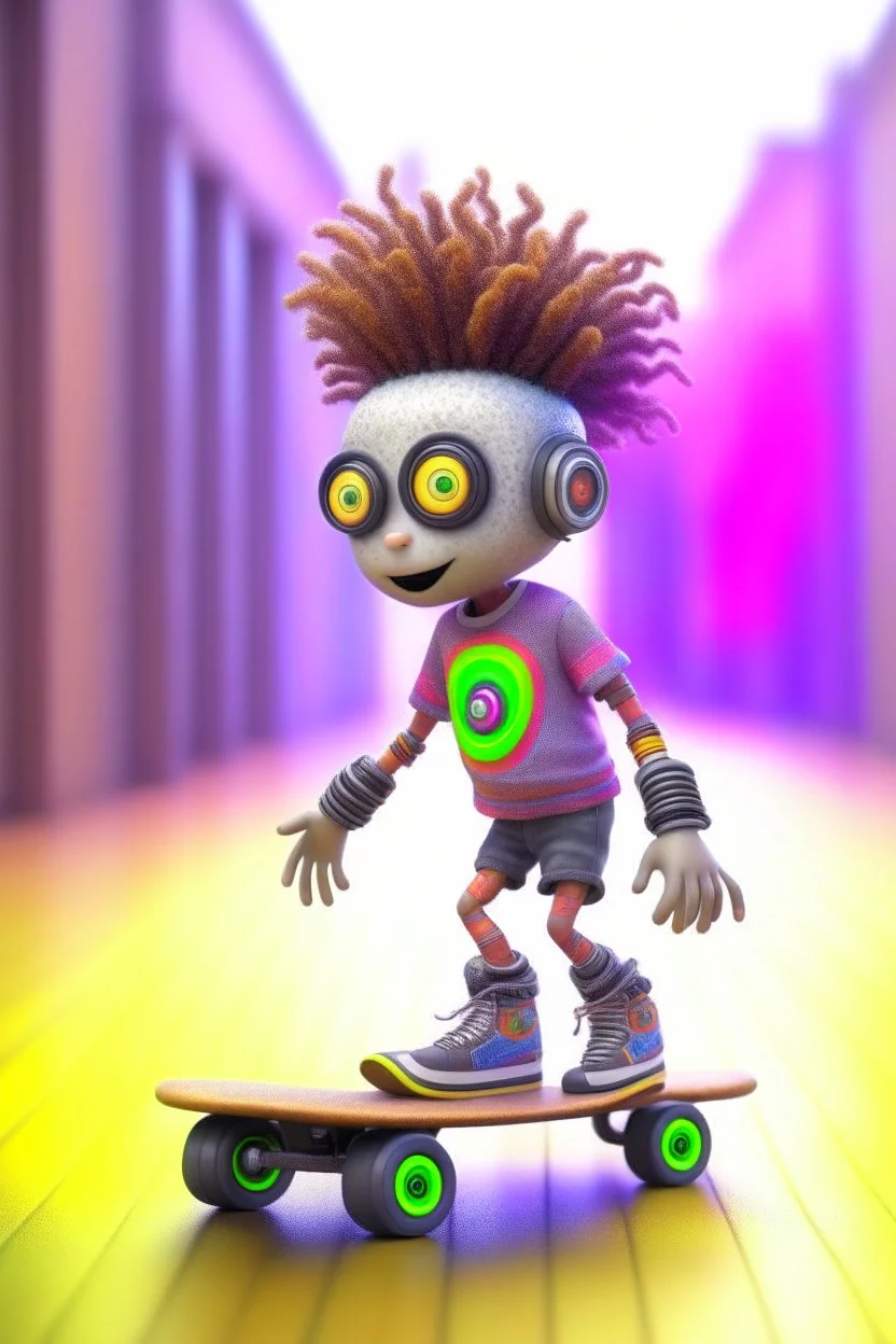 cute adorable hypnotic chat hippie robot doing a little trick with skateboard and punk hair and real human eyes, its such a perfect day, motion blur, smoke, 8k, downlight, soft light, depth of field, photorealism, trending on art station, lotsa detail