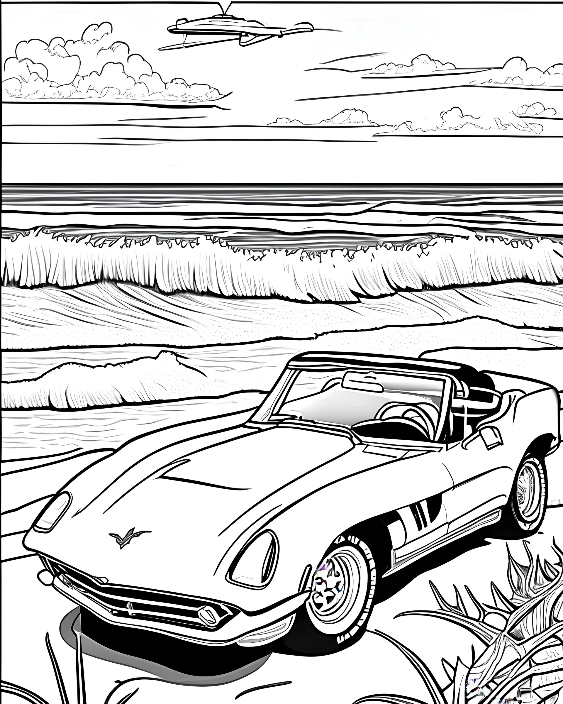 black and white coloring page for kids cartoon style of 1963 corvette convertible set back in front of ocean