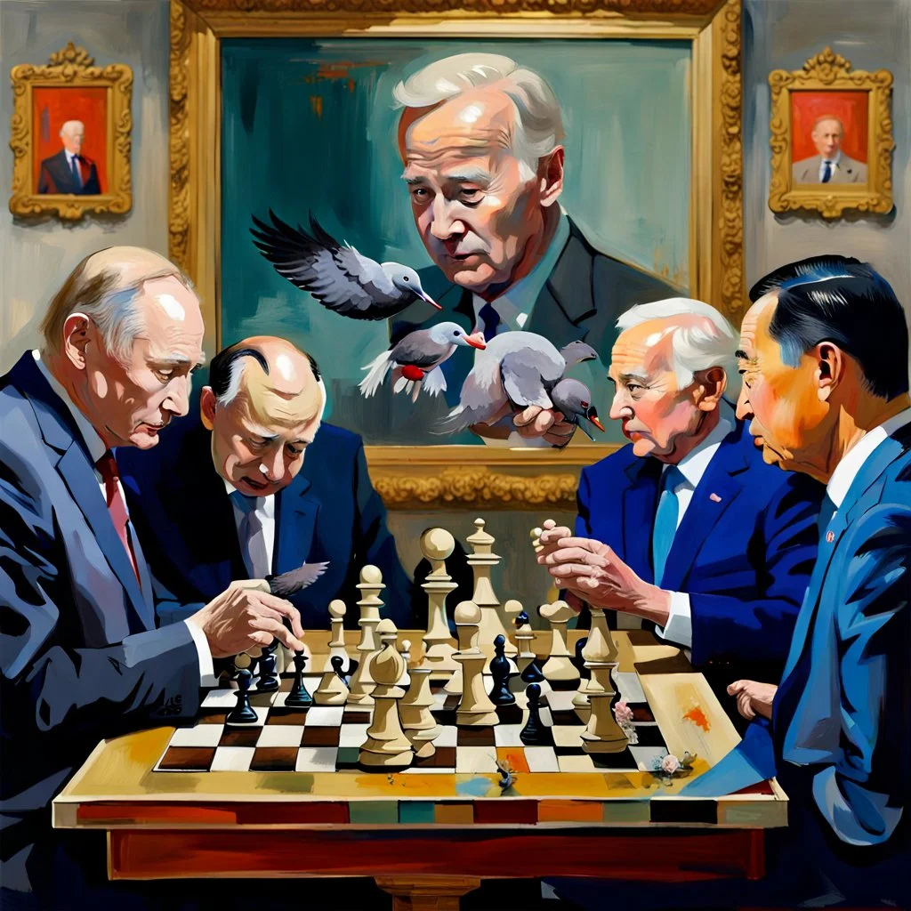 Putin, President Xi Of China And Joe Biden Play Chess With A Pigeon,Ufo And Atomic Bomb Mushroom Cloud,Complex Surgical Instruments Intermixed With A Newborn Boy,Minimalism,Painting By Adrian Ghenie,Rene Magritte,Pablo Picasso,Michelangelo,Salvador Dali,Lucian Freud