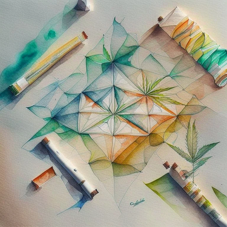 Utilize rolling papers or joints as a foundational element, arranging them in a diagonal pattern that spans the entire canvas. watercolour sketch