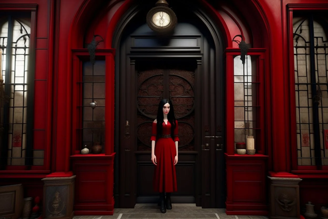 Photorealistic image of a slender, young woman with dark hair, in a witchy, black dress, no hat, leaning back against a shop door with red-painted, large, multi-paned windows on either side of a red-painted multi-paned door. Walls made of brick. The shop is selling magic gifts and trinkets. Large sign over the door.