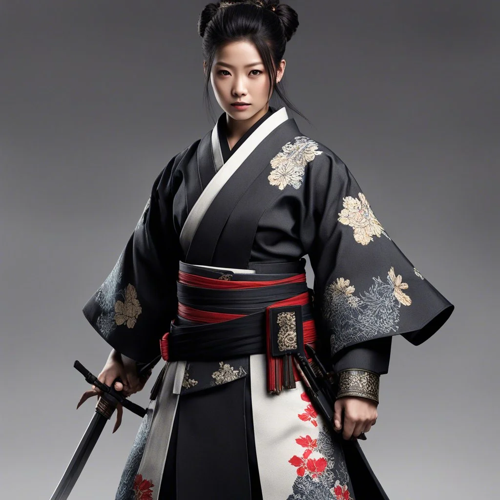 The unexpected guardian: traditional kimono reimagined with modern combat readiness. Beauty and strength coexist in this striking fusion of Japanese cultural heritage and contemporary tactical aesthetics. Her composed stance belies lethal precision, embodying dual authority. Skillfully dual-wielding firearms of different calibers, and with a katana at her waist, she is a versatile and highly trained enforcer. Her black attire bears a distinct insignia marking her affiliation with a powerful orde