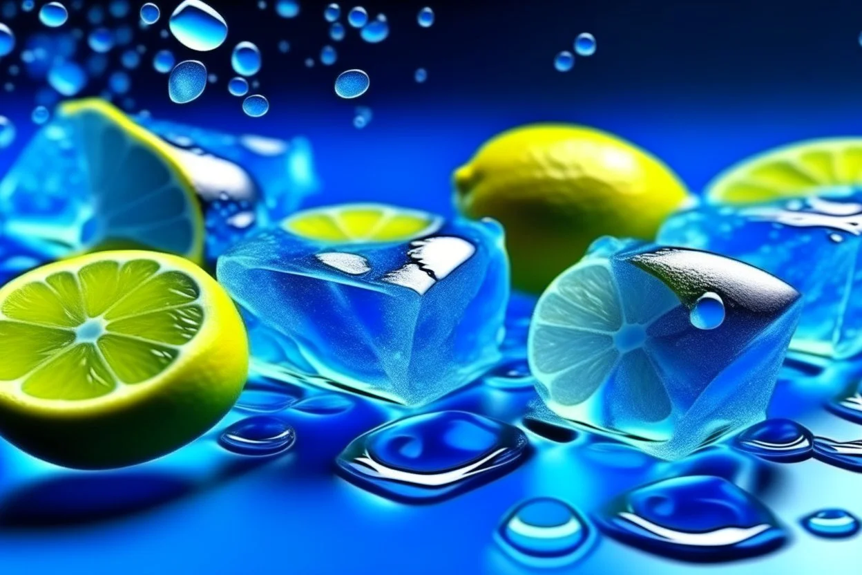 blue background with ice cubes and lemon slices, extremely photorealistic details, realistic high detail, high resolution