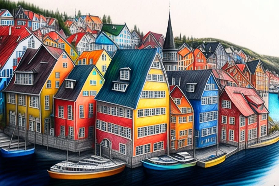 Colored pencil drawing, Very detailed, Drawing of the colorfull houses in the city Bergen in Norway. Colorfull, professional, detailed, pencil strokes, calm composition, zoom out.