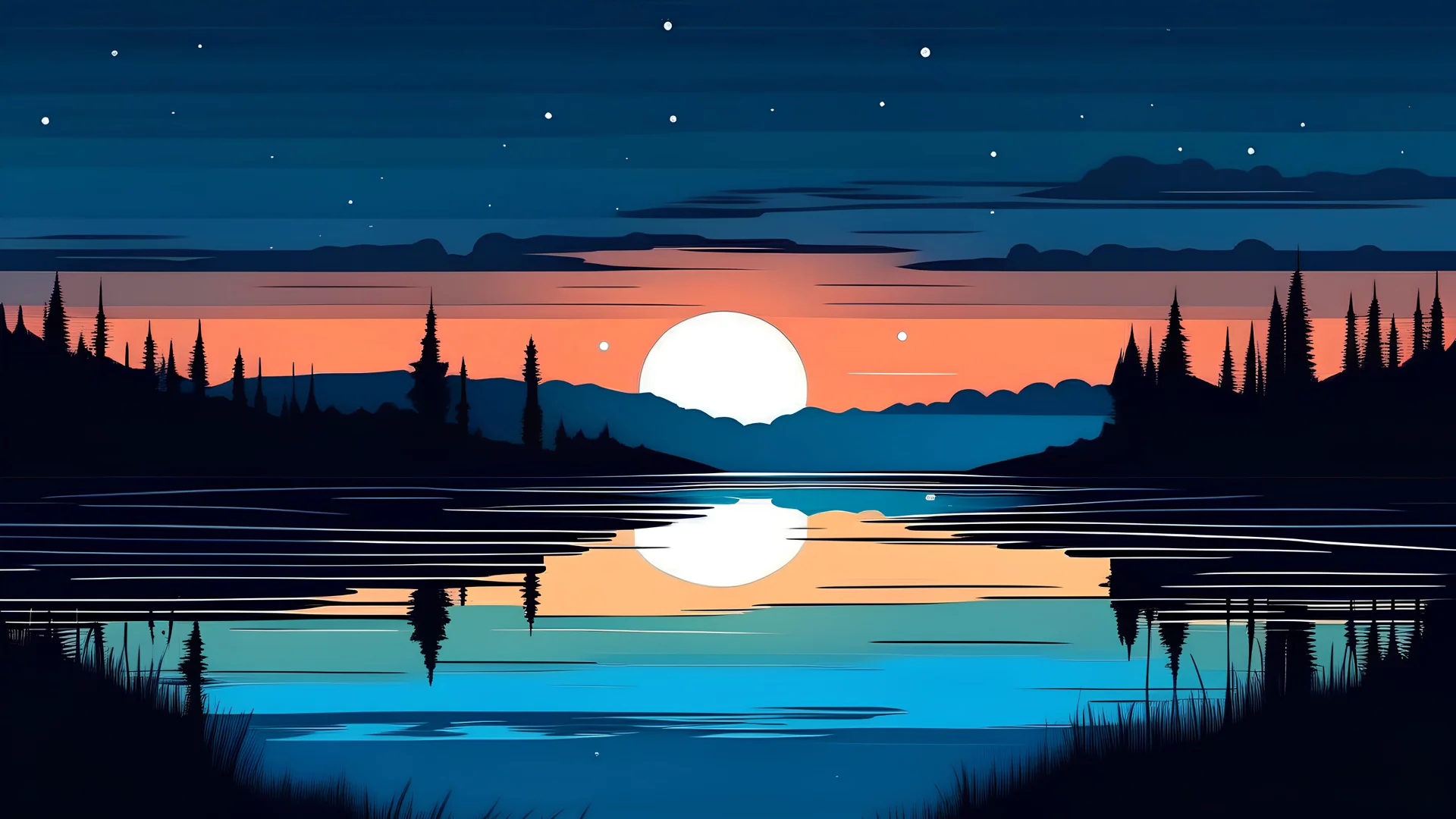 a vector graphic of lake in the stary dusk sky