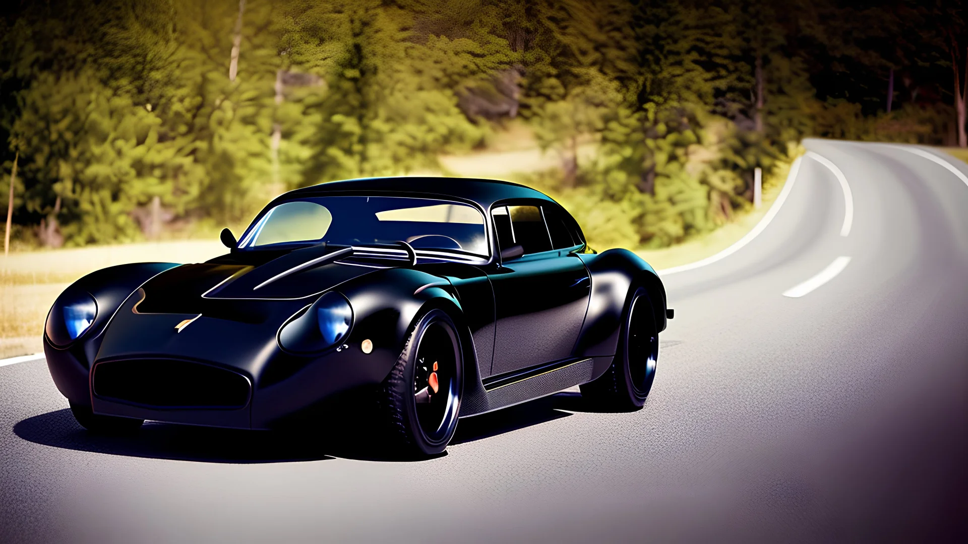 Photograph of a gorgeous and expensive, oldschool black sports car with a big, black front grill, realistic, stylish, taken up close from the front of the car.