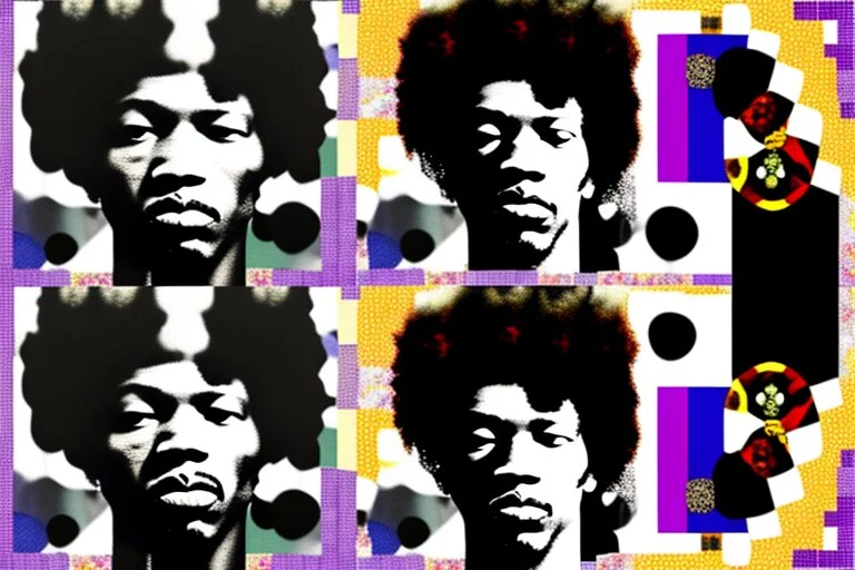 A digital collage mosaic of Jimi Hendrix, combining different stages of his life and career. The mosaic features scenes from his early life, iconic performances, and creative process. Early life is represented in black and white photography style, iconic performances in psychedelic art, and the creative process in surrealism. These different art styles blend together to form a cohesive mosaic image of Jimi Hendrix’s face, symbolizing the integration of his life experiences into his identity as a