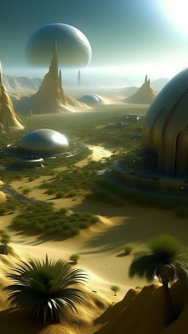 sci fi planet, large futuristic city, sand dunes, oasis, hanging gardens