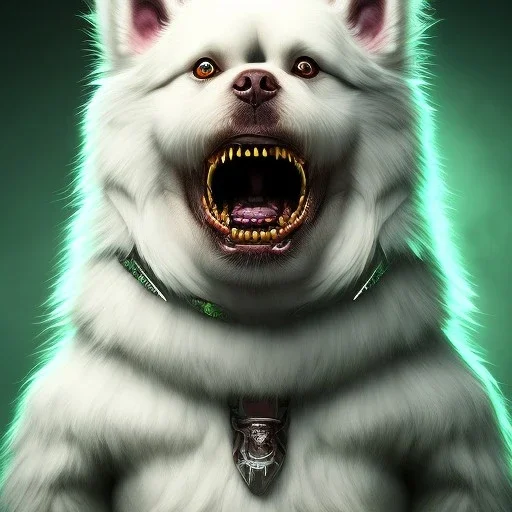 Dog, monster, green, horror, teeth, gore, blood, masterpiece, expert, 8K, hyperrealism, sharp focus, cinematic lighting