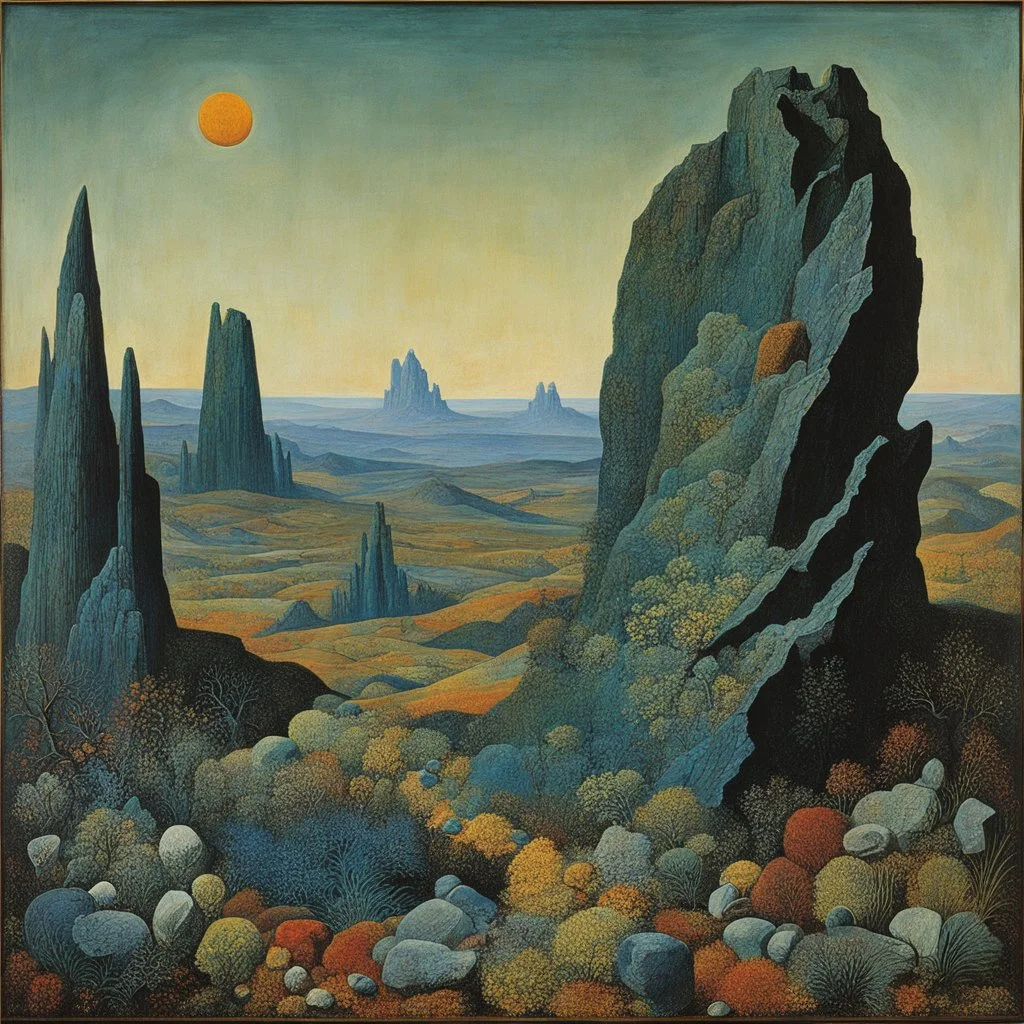 For The Eyes of Silence Max Ernst employed a technique called decalcomania to create arbitrary textures on the canvas, which he then reworked to resemble rock formations and forms of animals, plants. a primordial-like "part vegetation, part rock and part bejewelled