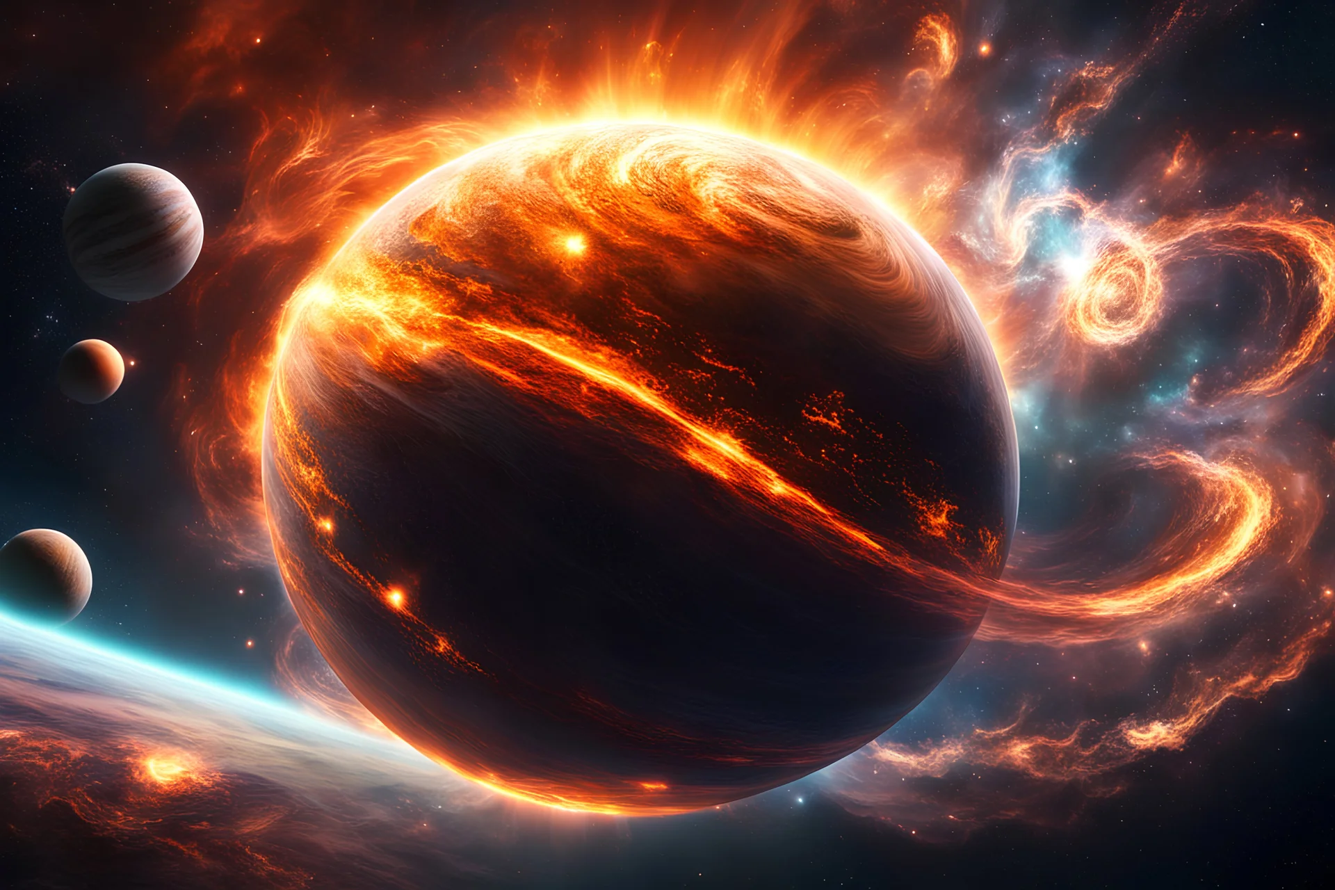 create a wildly imaginative otherworldly, chaotic birth of a planet amidst swirling interstellar gas clouds, highly detailed, digital composite, 8k,