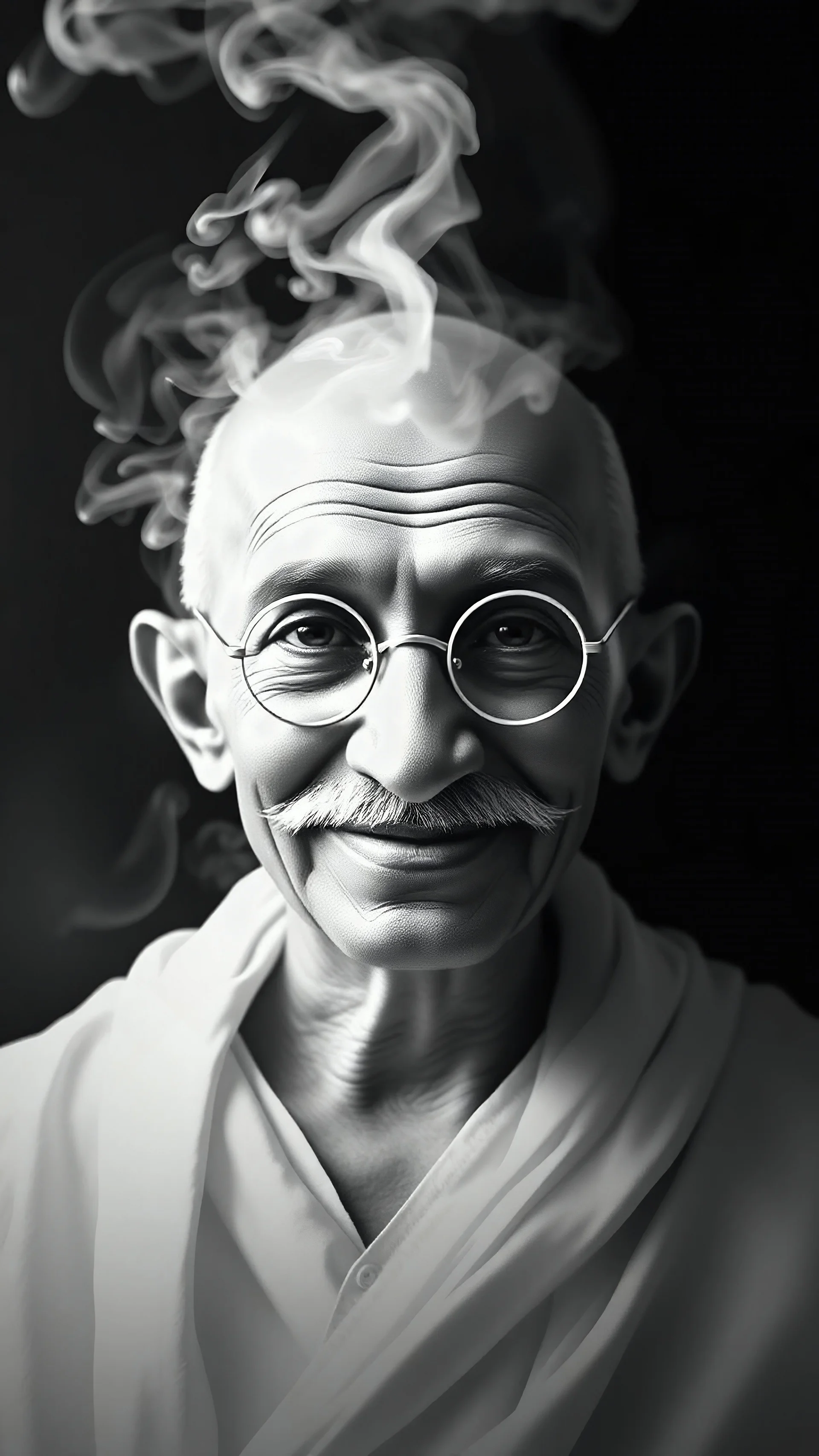 Portrait of Mahatma Gandhi , all white form formed from white smoke