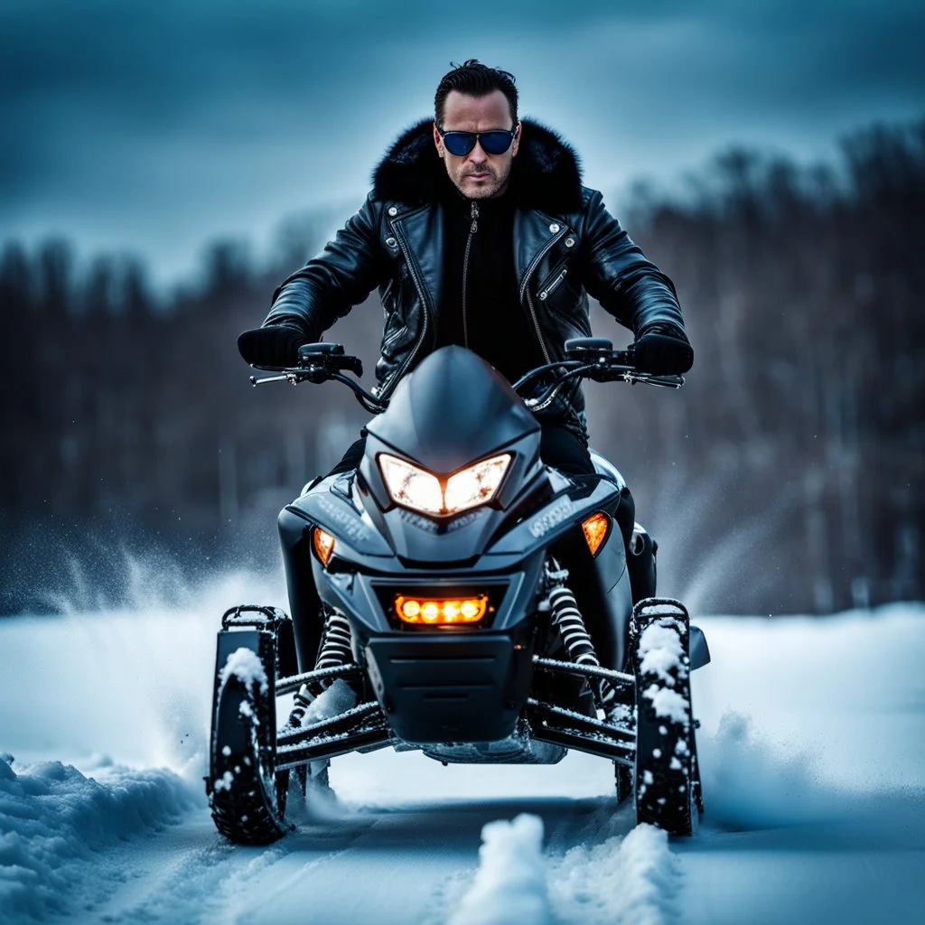 Handsome and muscular 40 year old Biker wearing a winter leather jacket and dark sunglasses riding a snowmobile, dark fantasy