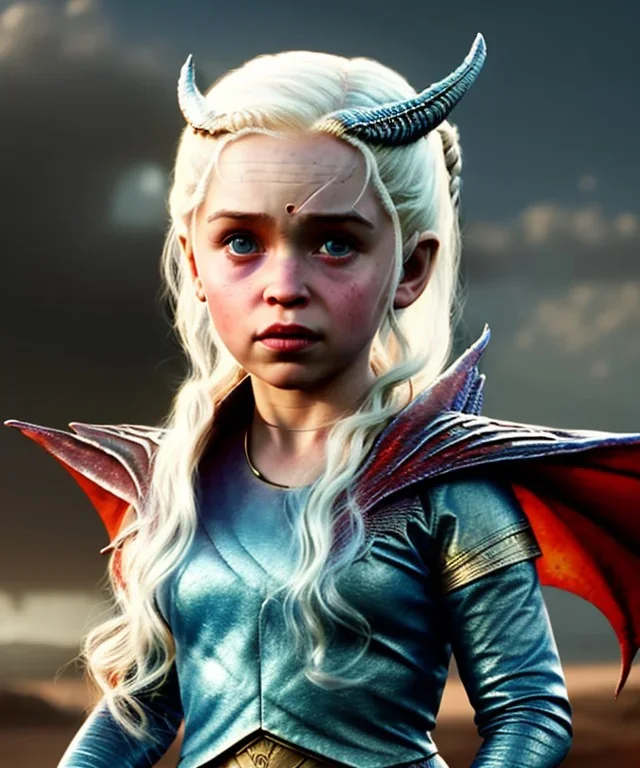 Daenerys Targaryen toddler, dragon, full body, dramatic lighting, angry, hyper realistic,