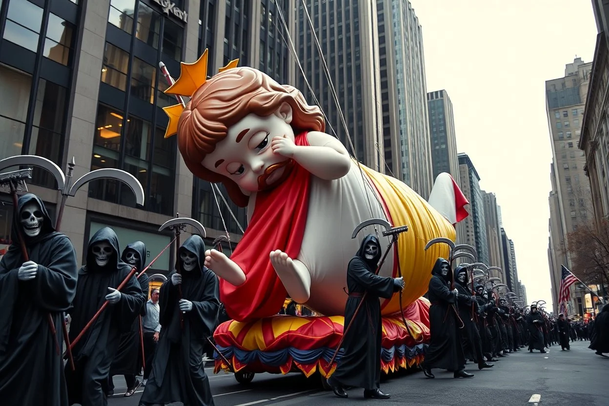 macys thanksgiving day parade style cartoonish giant baby jesus floating parade balloon pulled by multiple grim reapers, multi colored, bright, vivid, psychedelic, high detailed, high gloss, insanely detailed, matte, horrorcore, lining the street, unsettling contrast, monument to death, live action shot grim reaper parade, pulling a jesus parade float