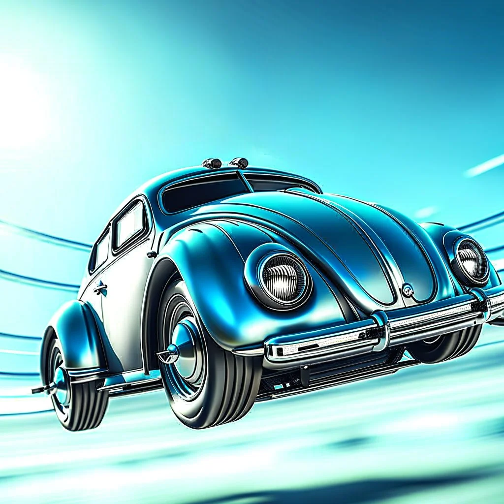 a high definition screen shot of a jet-fighter vw-beetle, retrofuturistic, phototrealism, in flight, one subject,