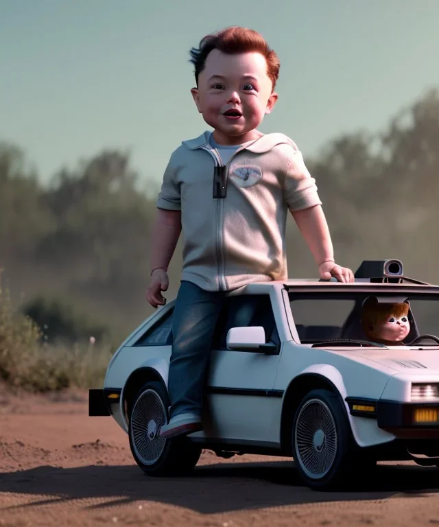 elon musk toddler, full body, delorean, dramatic lighting, hyper realistic