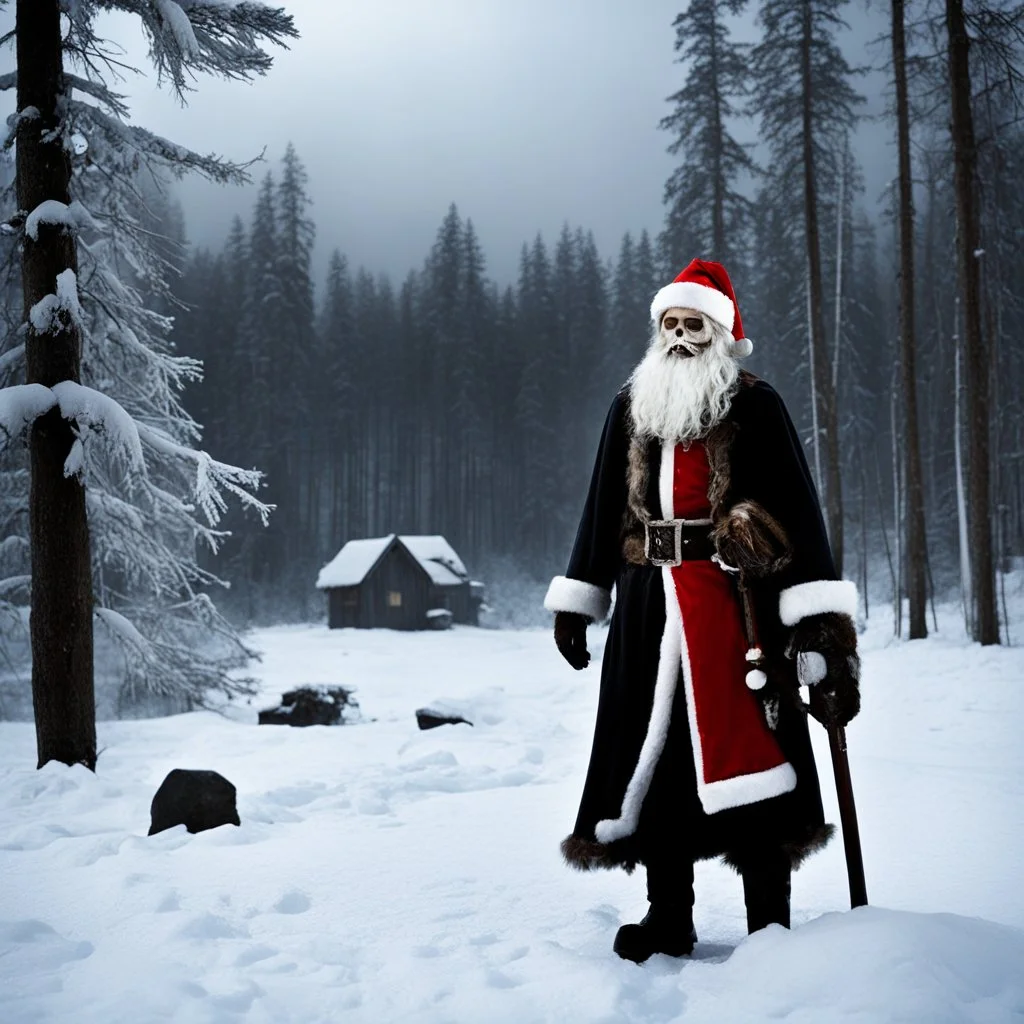 In the style of "Rare Exports: A Christmas Tale," [Finland 2010] we find ourselves in the icy wilderness of Finland, where the cold winds howl through the snow-covered landscape. The skeleton Santa Claus stands tall and eerie, a figure of dread rather than joy, as he navigates the crypt filled with undead carolers, haunted gifts, and a ghostly Christmas tree.