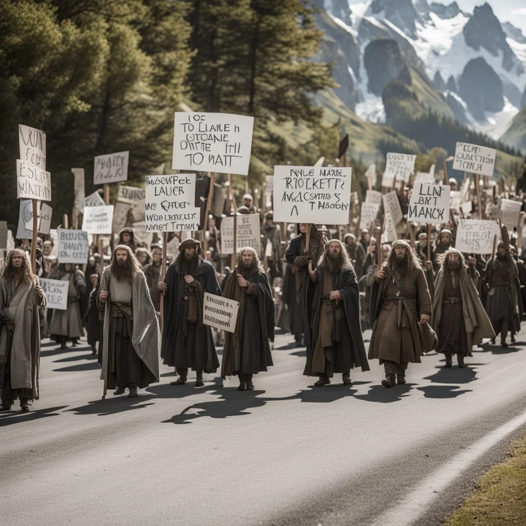 Protest march in Middle Earth with picket signs